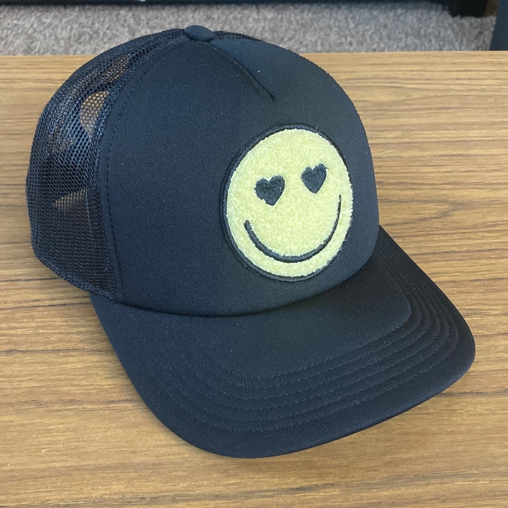Mighty Fine Black Trucker Hat with Yellow Smiley Patch